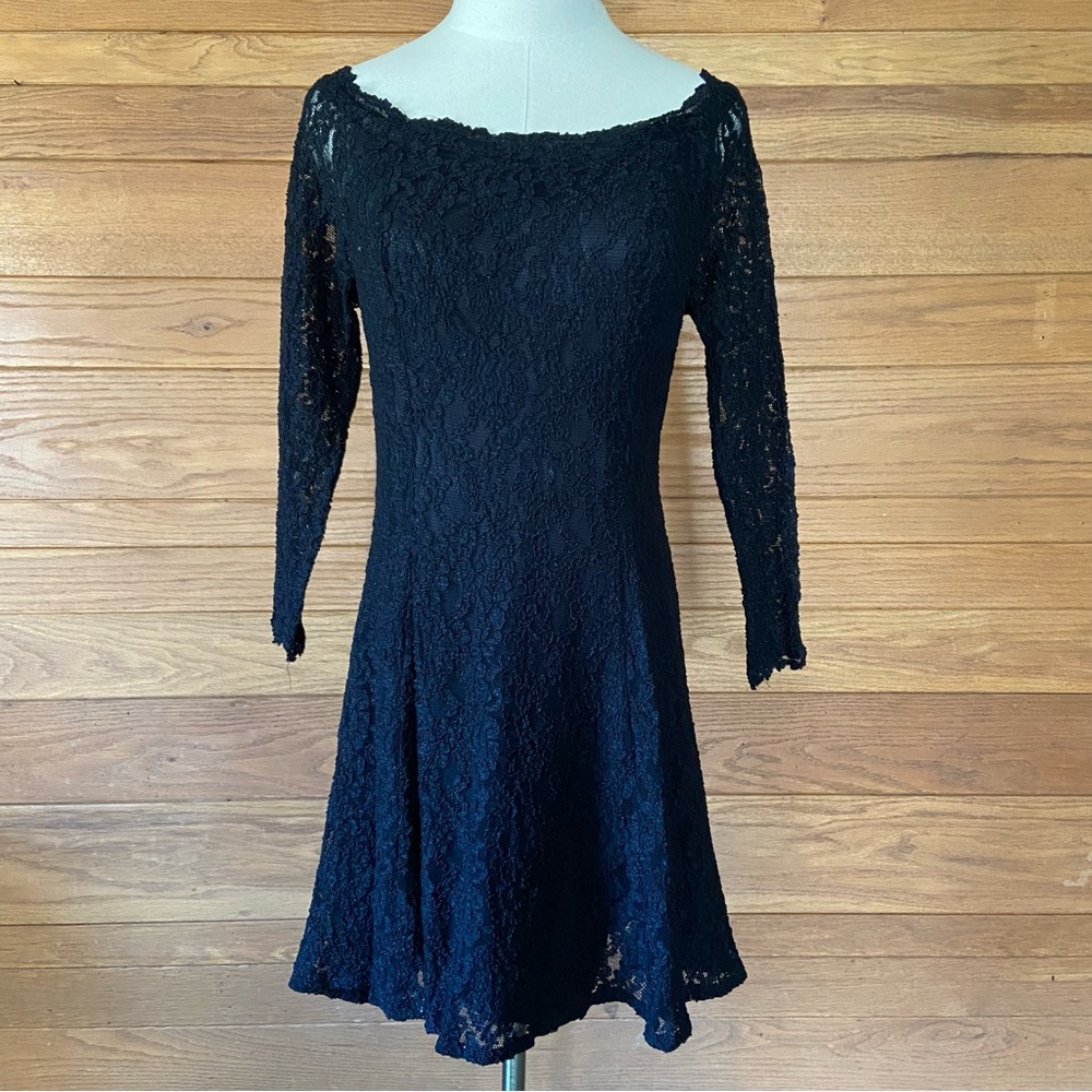 Vintage 80s 90s Moda International black lace off shoulder skater mini dress